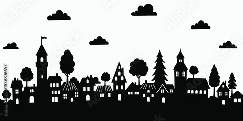 Black silhouette of a city skyline with trees and clouds