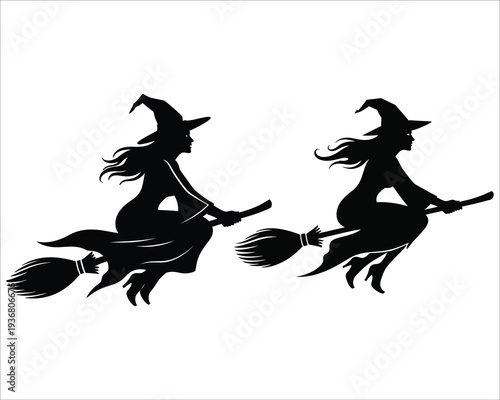 Two witches flying on broomsticks silhouette