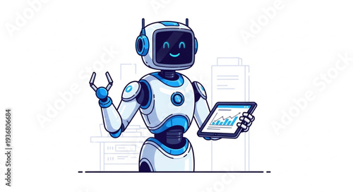 Friendly Robot Holding Digital Tablet and Waving.