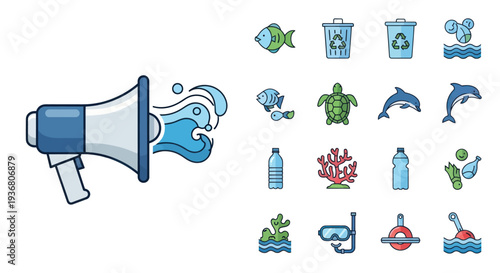Megaphone with Water and Marine Life Icons.