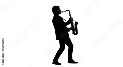 Silhouette of a male musician playing saxophone isolated on white background