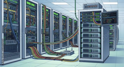 Data Center Server Racks and Network Equipment.