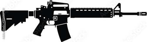 Detailed black silhouette of a modern assault rifle with adjustable stock and picatinny rail system isolated on white background for tactical military design.