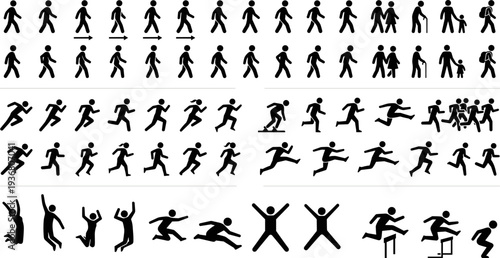 sports and fitness human silhouette icons set with running walking jumping workout training and activity figures illustration on transparent background