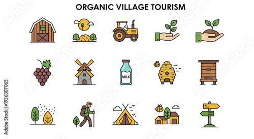 Organic Village Tourism Icons Set.