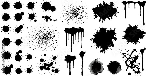 black ink splatter stains and paint drips grunge splash texture collection abstract design elements illustration on transparent background