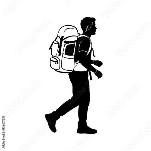 A man walking with a large backpack on his back