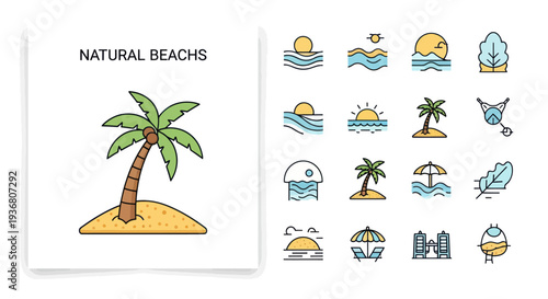 Palm Tree Beach Icons Illustration.