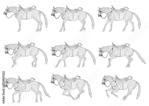 A wireframe horse with a saddle is constructed from geometric shapes and lines. This intricate animal design is isolated on a clean white background.