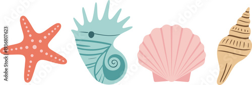 Cute sea shells and starfish vector set colorful marine elements collection ocean beach icons including seahorse scallop shell and spiral shell flat illustration