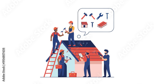 Roofing Team Installing Tiles on House.