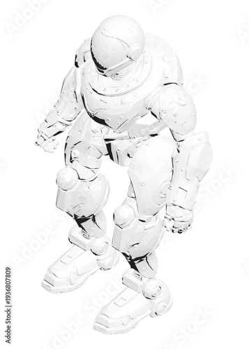 A sci-fi robot unit stands with outstretched limbs against a clean white background. Its polygonal, metallic mech design features a helmet and focused robotic gaze.