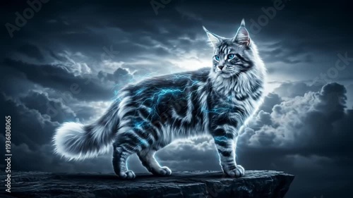 Electric Cat Video: 4K Majestic Long-Haired with Glowing Eyes & Crackling Energy on Cliff Stormy Sky