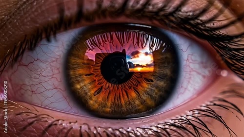 Macro Human Eye: 4K Brown Iris Reflecting Sunset with Blood Vessels for Medical & Cinematic Visuals