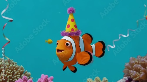 Party Clownfish: 4K Fish with Colorful Hat Among Coral Reefs & Streamers for Underwater Events & Animation