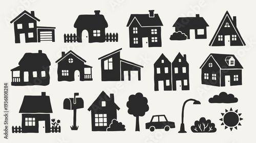 Neighborhood houses silhouette collection. Black icons set - cottage house, garage home, mailbox, tree, car, street lamp, cloud sun. Vector linocut style minimalist design elements.