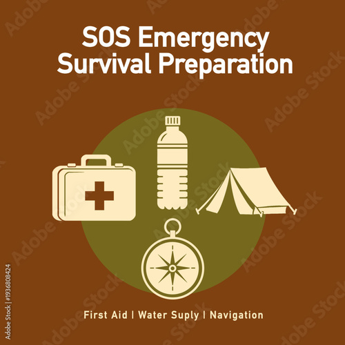 SOS Emergency Survival Preparation With First Aid, Water Bottle, Tent and Compass Illustration. outdoor survival equipment and emergency planning for safety and rescue situations.