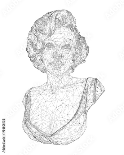 A wireframe sculpture of a woman's bust features an intricate geometric design of interconnecting lines and shapes.