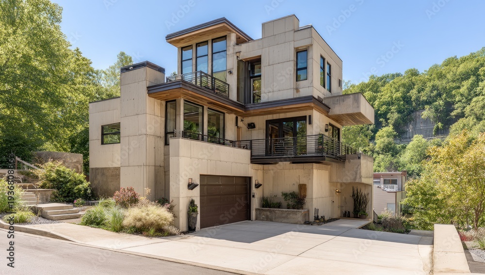 Fototapeta premium Modern, multi-level home with concrete facade and ample windows