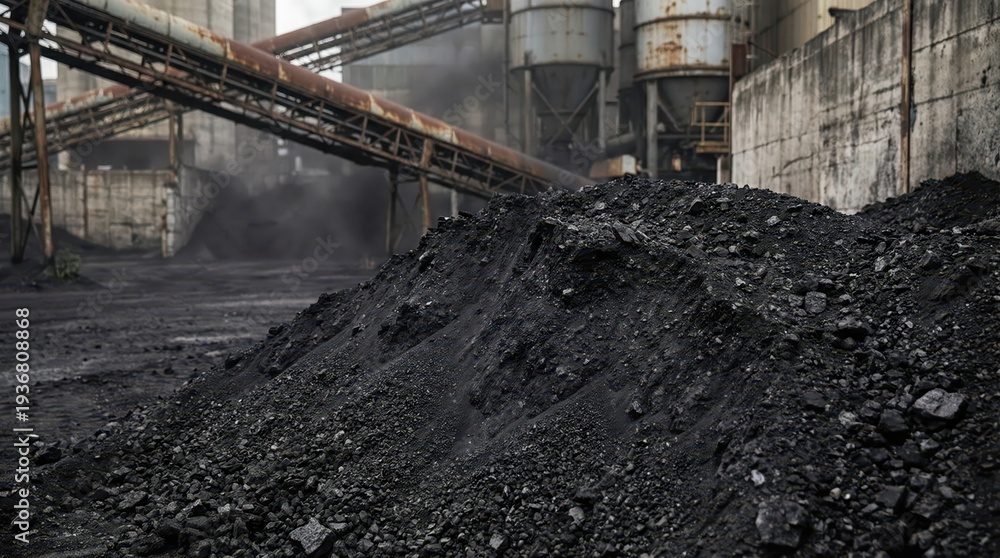 Fototapeta premium Coal industry landscape with piles of coal in industrial setting
