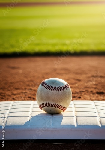 A scuffed baseball sits on the bright white rubber of home plate on a well-maintained dirt and grass field under the afternoon sun, athletic, action, activity