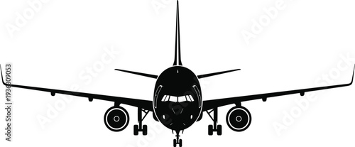 Front view silhouette of a commercial passenger airplane with landing gear down isolated on white background for aviation travel transportation and aerospace industry concepts.