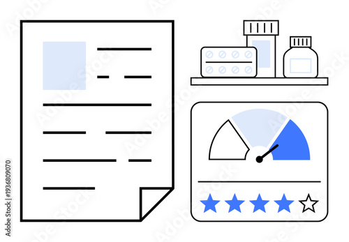 Healthcare evaluation. Visual showing a medical report, medication bottles, and feedback rating gauge. Healthcare evaluation aids in quality service delivery and patient trust. For medical services