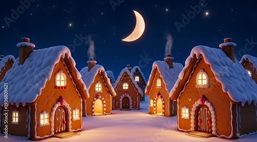 Enchanting gingerbread village under a crescent moon and starlit winter sky