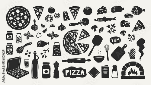 Pizza cooking ingredients silhouette collection. Black icons set - pizza slice, tomato, cheese, garlic, mushroom, herbs, rolling pin whisk, oven. Vector linocut style minimalist design elements.