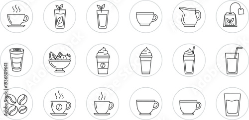 Cafe Icon Set Featuring Coffee Cups, Tea Bags, Fruit Bowls, Iced Beverages, Creamy Lattes, Milk Jugs, and Roasted Coffee Beans.
