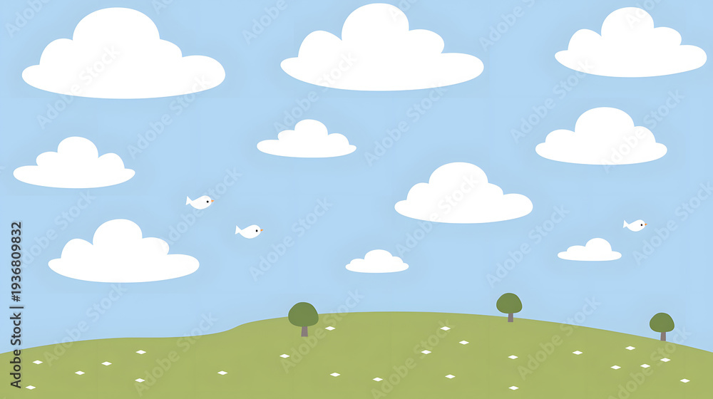 Fototapeta premium Blue sky with clouds, birds, green hills