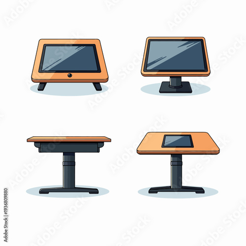 A comprehensive set of modern office workstation icons featuring a sleek computer desk and monitor for productive home workspace or corporate design.
