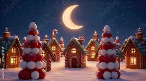 Magical gingerbread village under a crescent moon at night during Christmas season