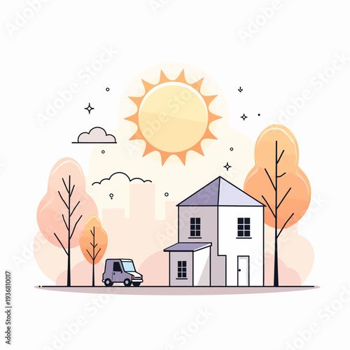 Charming suburban house illustration in warm peach tones featuring a small car and bright sun perfect for real estate branding or home life blog graphics.

