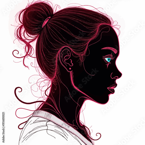 Artistic female profile silhouette with elegant hair bun and vibrant pink line art for beauty branding fashion illustration and modern cosmetic salon posters.
