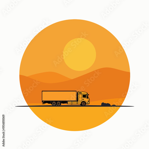 Professional commercial truck driving on a long highway against a vibrant orange sunset backdrop symbolizing global logistics and efficient transport.

