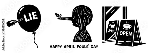 エイプリルフールのユーモアアイコンセット（嘘の風船・長い鼻・逆さOPEN看板）、April Fools Day humor icon set with lie balloon long nose and reversed open sign