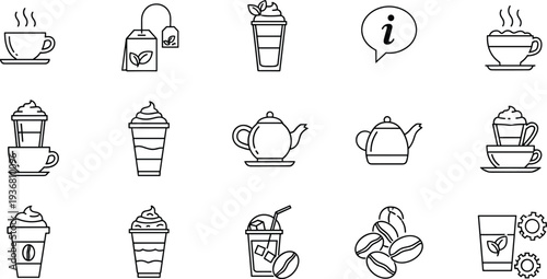 Coffee and Tea Icon Set Featuring Hot Espresso Cups, Tea Bags, Iced Lattes, Teapots, Roasted Coffee Beans, and Cafe Information Symbols.
