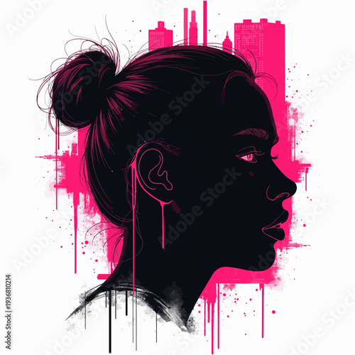 A striking black silhouette of a woman with an elegant hair bun set against a vibrant pink urban skyline background featuring artistic paint drips.

