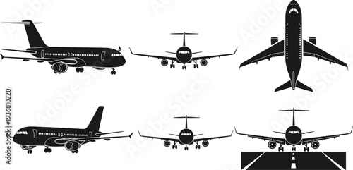 Collection of black airplane silhouettes from different angles including top view, side view, and front view landing on a runway.