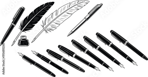 Collection of Classic Ink Pens, Quills, Fountain Pens, and Modern Ballpoint Pens with Inkwell, Representing Literature, Writing Tools, and Calligraphy.
