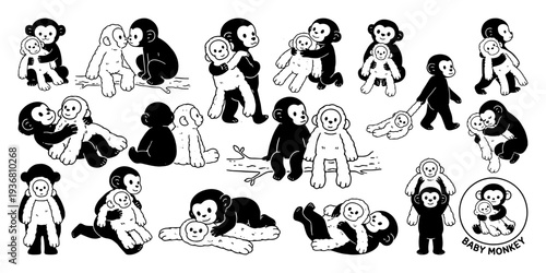ぬいぐるみを持った赤ちゃん猿のペン画セット、Baby Monkey Holding a Plush Toy Pen Illustration Set
