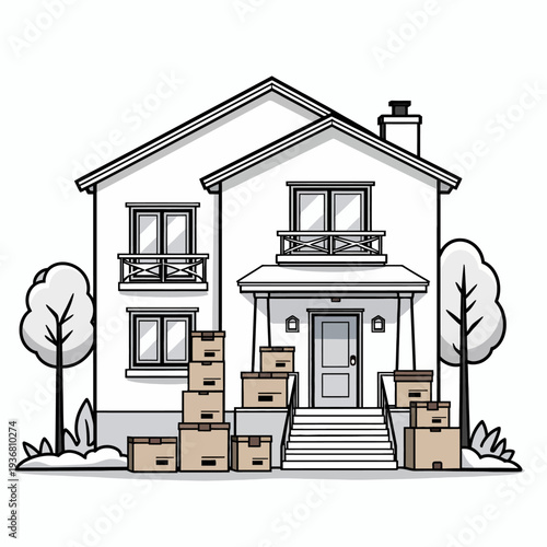 Minimalist line art illustration of a two story residential house with cardboard boxes for moving. Ideal for real estate relocation or new home services.
