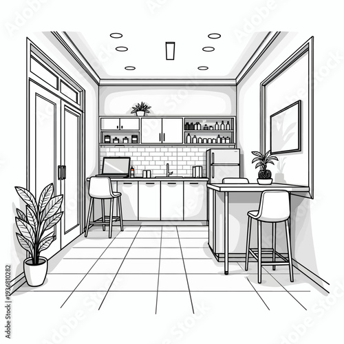 Professional perspective line art sketch of a spacious modern kitchen featuring an open layout, stylish breakfast bar, and stools for interior planning.
