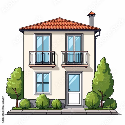 Charming two-story suburban house with a red tiled roof and elegant balconies surrounded by green trees, perfect for real estate and home listing designs.
