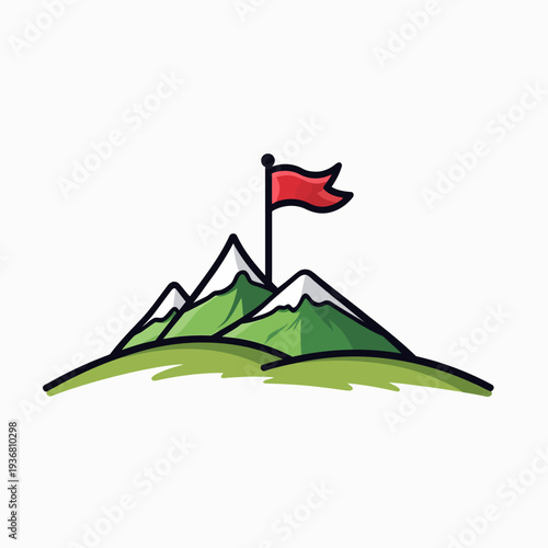 Reach the peak of success with this vibrant mountain illustration featuring a red flag on top, symbolizing ultimate achievement and winning goals for business.
