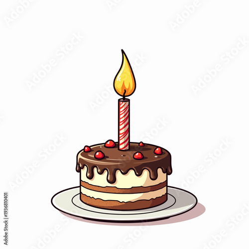 Delicious chocolate birthday cake with creamy frosting and red berry toppings featuring a single lit candle perfect for celebrating special milestones and anniversaries.

