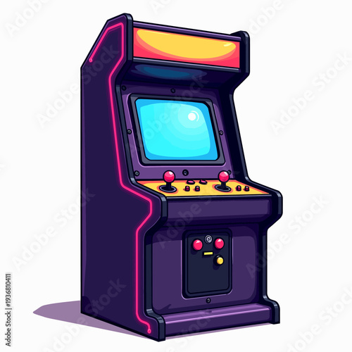 A vibrant retro arcade machine cabinet illustration with neon purple and yellow lights, bringing back 80s gaming nostalgia for any gaming room or arcade bar.
