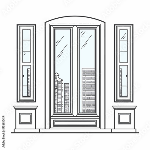 An elegant architectural line art sketch of large French doors or windows with side panels, offering a beautiful view of an urban city skyline background.
