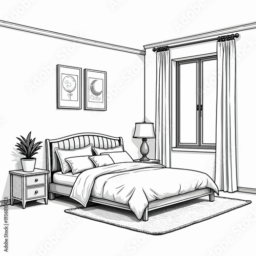 Charming minimalist line art drawing of a cozy master bedroom featuring a comfortable bed, nightstand with lamp, and large window with elegant curtains.
